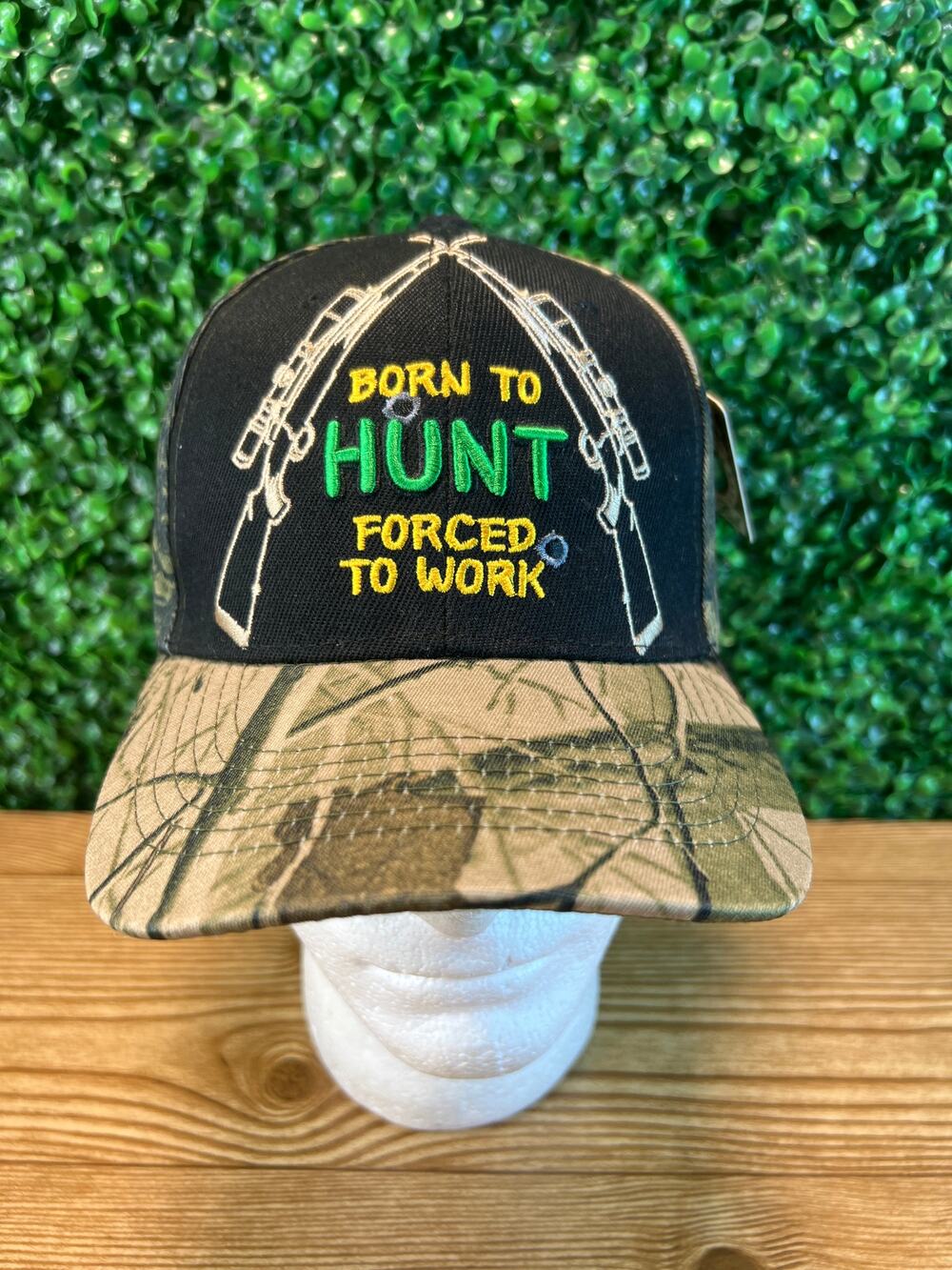 NWT Born to Hunt Forced to Work Camo Hat Adult Adjustable Cap Mens Gift New